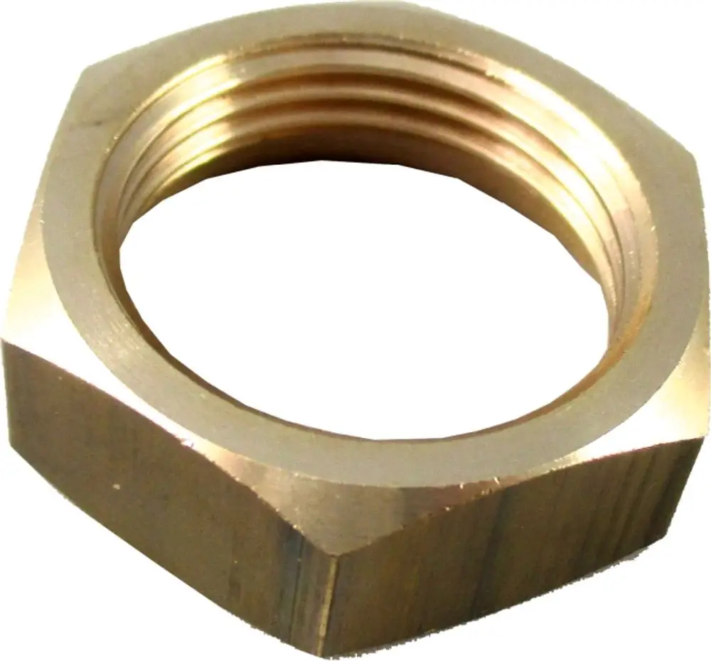Messing-Mutter mit Innengewinde, hexagonaler Form. Geeignet für Verbindungen in Rohrsystemen. Produkt von WOLF zur Verwendung in Heizungsinstallationen.